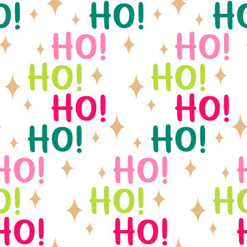Colorful hand drawn letters with gold star seamless pattern design for Christmas and new year background. Santa claus laughs "HO HO HO".