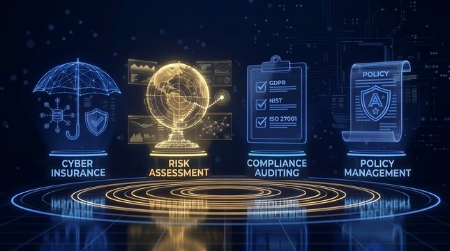 Digital abstract concept of cybersecurity services cyber insurance risk assessment compliance auditing and policy management.