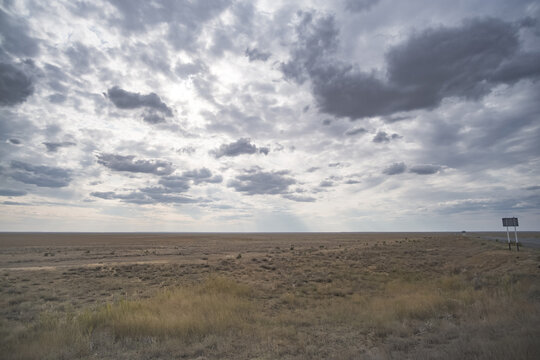 A steppe landscape in Kazakhstan; wild steppe stretching for kilometers to the horizon; a grassy field and cloudy sky; natural minimalism