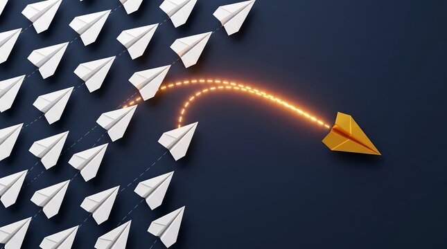 Golden paper airplane breaks away from the flock forging a unique path with a glowing trail symbolizing individuality and innovation.