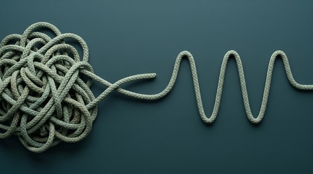 Tangled knot of thick rope unraveling into a smooth wavy line against a dark teal background symbolizing complexity to simplicity or problem solving