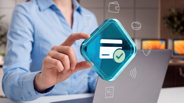 Cashless credit card payment with a check mark confirms a successful transaction at checkout, bringing secure payment to online shopping and contactless purchases