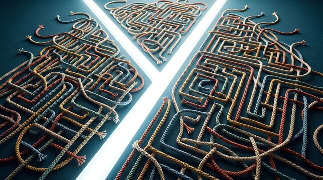 Intricate maze of colorful ropes forming complex pathways and dead ends symbolizing confusion and challenge with glowing light accents.