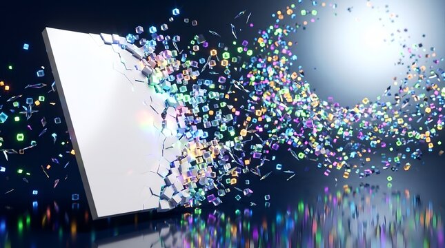 Abstract explosion of colorful geometric particles breaking away from a white surface digital art 3D render