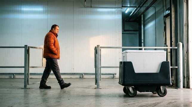 Cold Chain Robot Yields To A Worker At A Safety Crossing For Logistics Technology