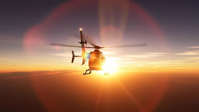 Helicopter flying rear view across sunset sky, supporting private charter, aerial transport, tourism promotion, pilot training, aviation branding, travel advertising, and rotorcraft service media.