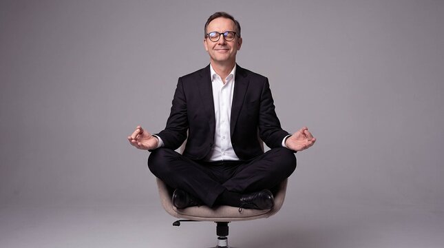 Businessman Meditating in Lotus Position on Office Chair