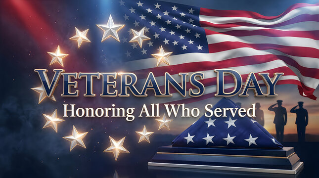 Veterans day banner featuring an american flag and soldiers saluting to honor all who served our country