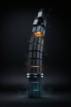 Tall stack of compute blocks running away above a dimmed clamp ring low down