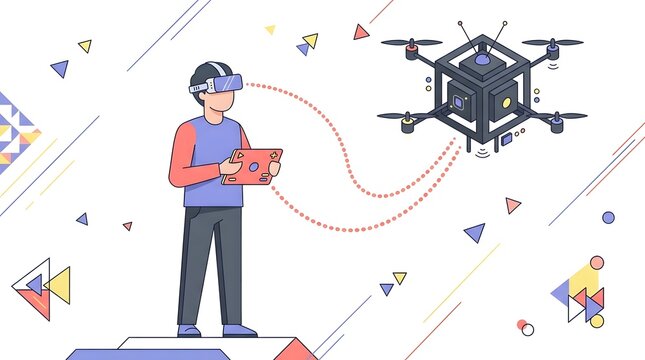 Man wearing VR headset controlling futuristic cube drone with tablet vector illustration.