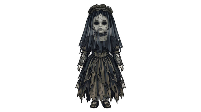 Sinister bridal doll with black mourning veil and tattered dark lace dress featuring cracked porcelain skin for gothic horror game character design.