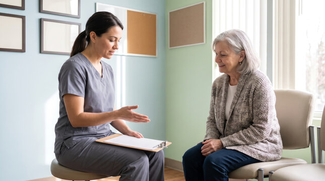 Nurse Explaining Care Plan to Older Patient in Clinic Room