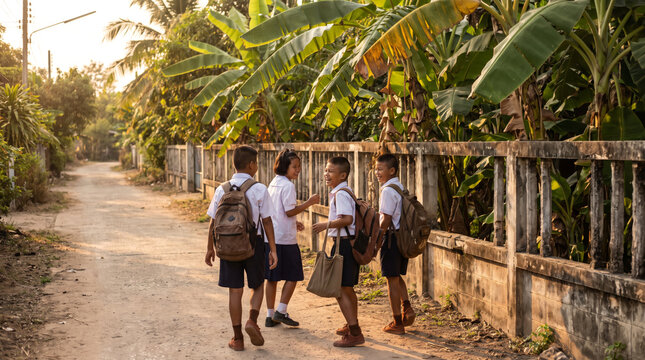 Thai Schoolchildren in Uniform Walking Home on Dirt Lane