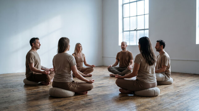Adults Meditating in Circle on Zafu Cushions in Loft Studio