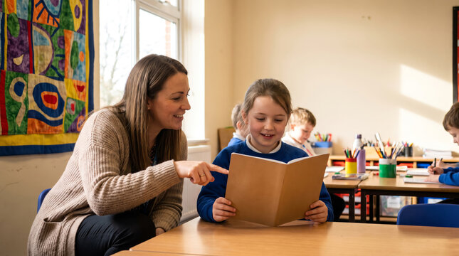 Primary Teacher Pointing at Pupil's Exercise Book in Classroom
