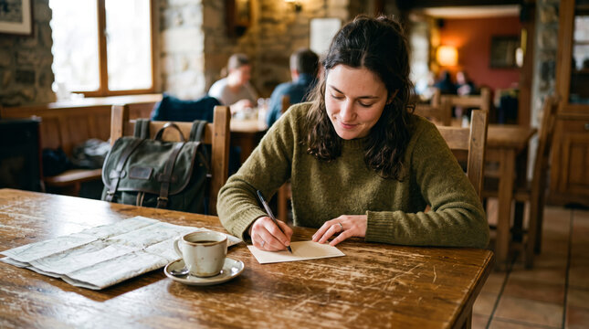 Young Traveller Writing Postcard in Rustic Cafe with Coffee
