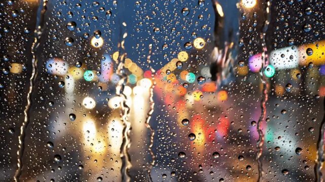 Raindrops on a window glass reflecting colorful bokeh city lights during a dark evening storm creating a moody atmosphere