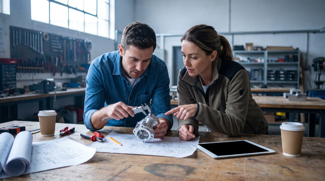 Engineer and Colleague Inspecting Metal Prototype with Calipers