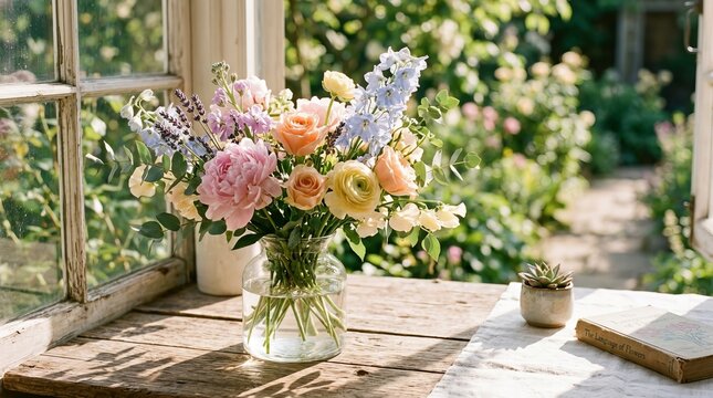 Elegant Vase of Blossoming Flowers on a Sunny Terrace.