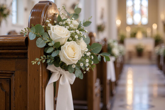 White Rose Wedding Decoration on Church Pew