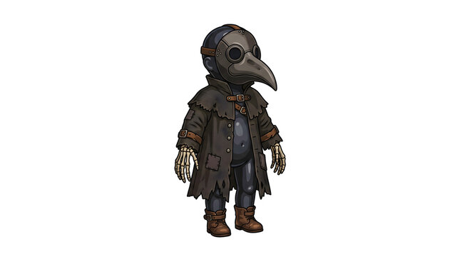 Skeleton plague doctor in tattered leather coat wearing iconic beak mask designed for steampunk medical themes and dark historical fantasy concepts.
