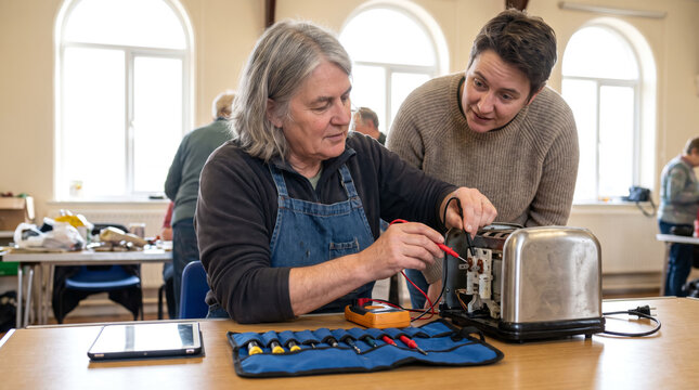 Repair Cafe Volunteer Fixing Toaster with Multimeter