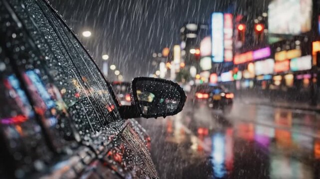 Raindrops on car window and side mirror on a rainy night with blurred neon city lights in the background