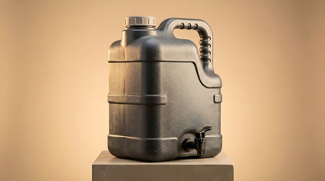 Black plastic water container with a tap for camping and outdoor activities sitting on a stone stand. heavy-duty jug designs
