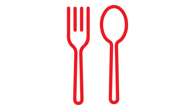 Red linear icon of a fork and spoon representing dining and catering services with food service restaurant logo utensils catering kitchenware flatware restaurant minimalist illustration
