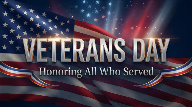 Veterans day background featuring a waving american flag with metallic text honoring all who served our great country