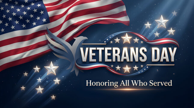 Veterans day patriotic background with american flag and glowing stars honoring all who served in the military