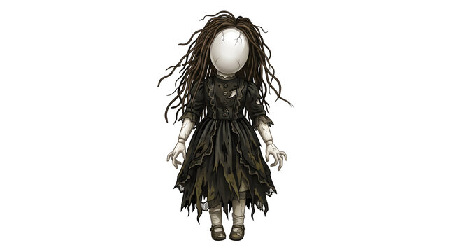 Spooky faceless gothic doll with long black hair wearing tattered dark vintage dress is perfect for halloween game design assets and horror projects.