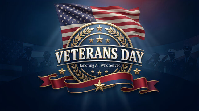 A festive veterans day graphic featuring a golden military seal emblem with the american flag background