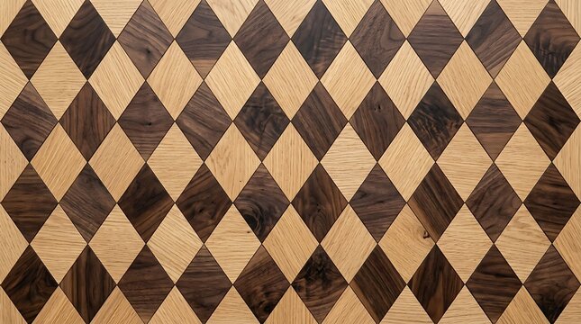 Geometric wooden wall paneling featuring alternating dark walnut and light oak diamond tiles arranged in a repetitive tessellated pattern creating a sophisticated modern interior design.