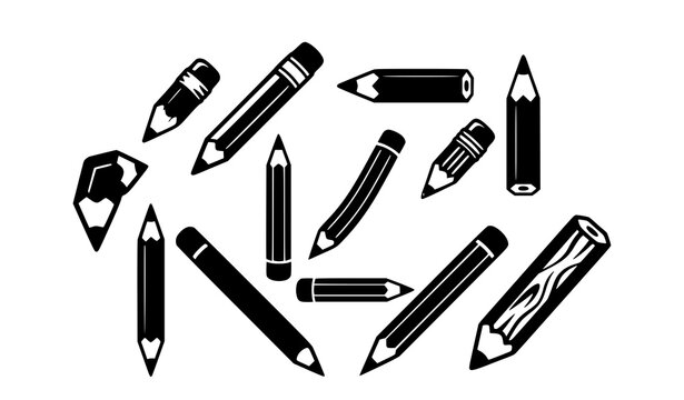 Black Pencil Silhouette Icon Set for Creative Drawing and School Education Vector