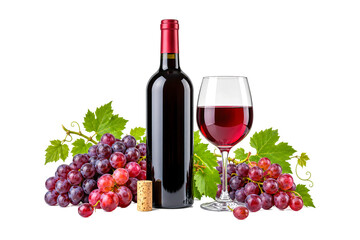 Obraz premium Elegant red wine bottle with a filled wine glass, ripe purple and red grapes, fresh grapevine leaves, and natural cork arranged in a classic still life isolated on a clean white background. Ideal 
