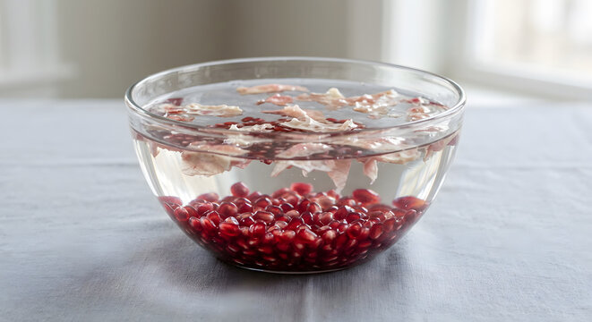 Pomegranate Arils Settled in Water Below Floating Pith