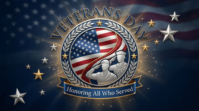 Patriotic memorial emblem featuring a saluting soldier silhouette and american flag background for veterans day and remembrance