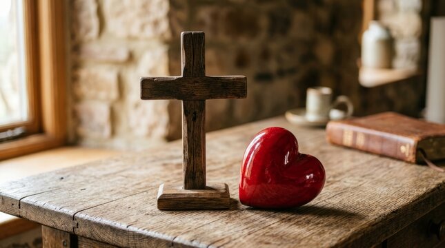 Elegant Wooden Table with Religious Symbols and Heart Decoration.