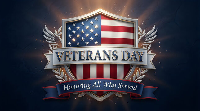 Veterans day commemorative graphic featuring an american flag shield design with elegant typography on a dark blue background