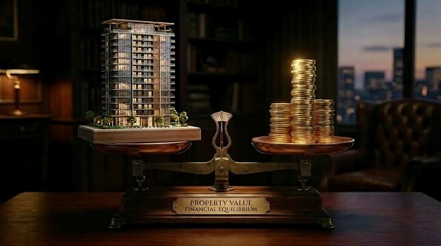 A conceptual model of a modern apartment building balanced against stacks of gold coins on a scale.
