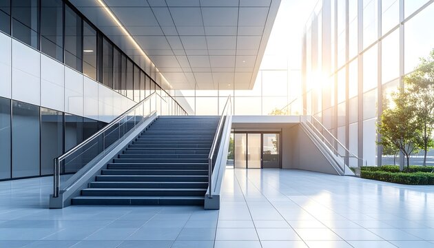 Escalera amplia en edificio moderno con grandes ventanales y luz natural