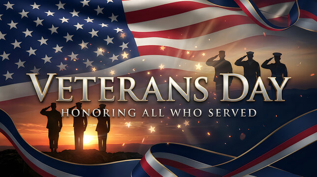 Veterans day background with american flag and silhouettes of soldiers saluting to honor those who served our country