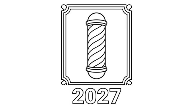 Vintage barber pole illustration in a decorative frame with year 2027 below, black outline graphic element