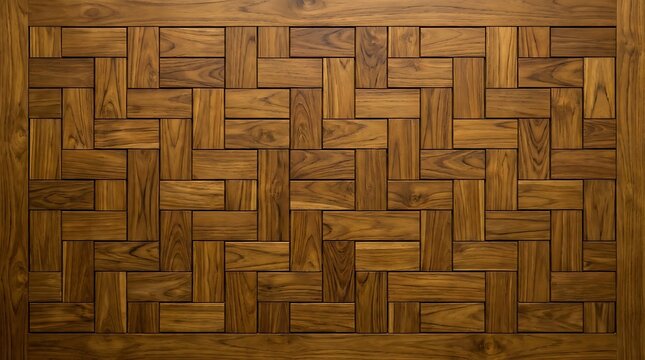 Intricate teak wood wall paneling featuring a geometric basket weave pattern with natural grain textures captured in soft warm lighting for luxury interior design projects