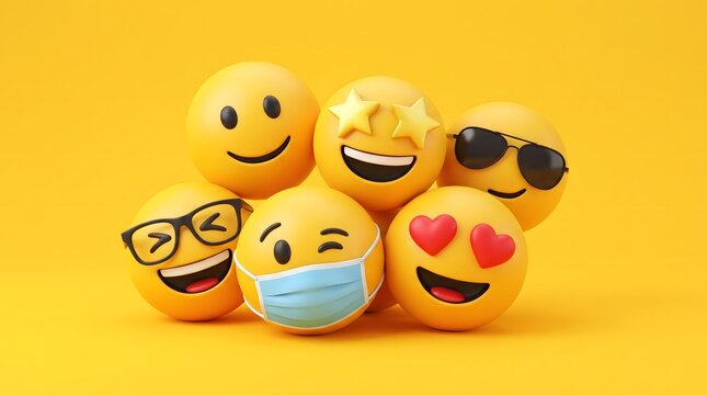 Group of various yellow emoji faces with different expressions isolated on a bright yellow background