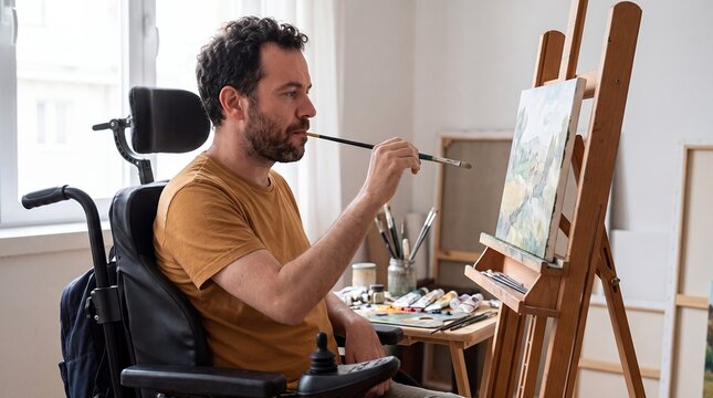Wheelchair man artist painting easel accessibility creative studio independence hobby. Artist using a wheelchair paints a landscape on canvas in a bright studio for inclusive theater campaigns