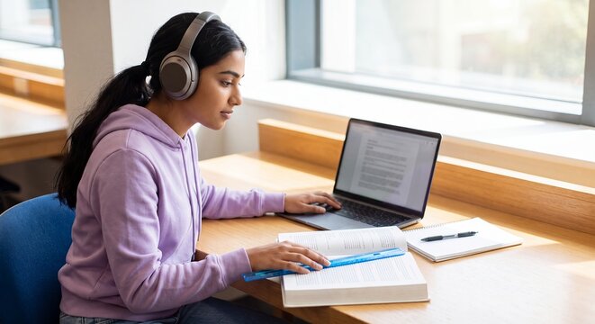 Headphones student woman laptop studying accessibility education focus learning university. Young woman wearing headphones studies with a laptop and open textbook for accessibility awareness