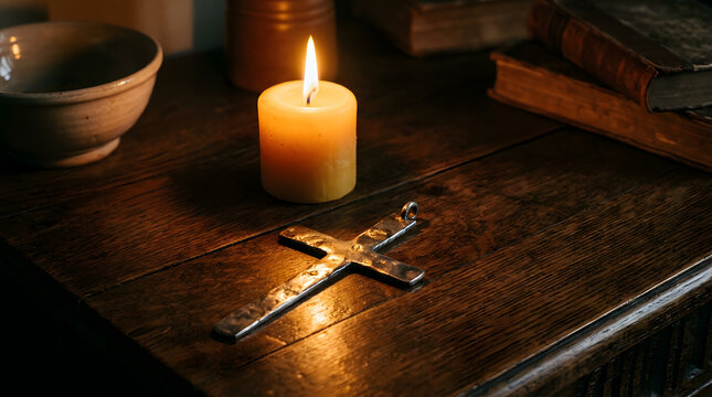 A metallic cross lying on a rustic wooden table illuminated by a burning candle