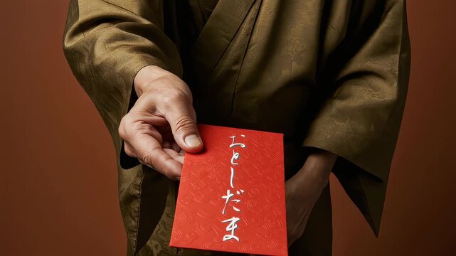 赤いお年玉袋を両手で差し出すシニア男性